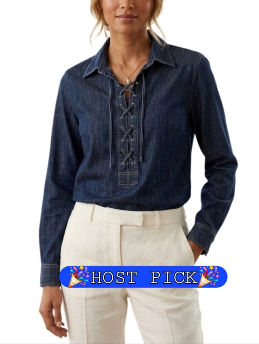 LAUREN RALPH LAUREN Dark Wash Long Sleeve Denim Tunic Top Lace Up Front Detail